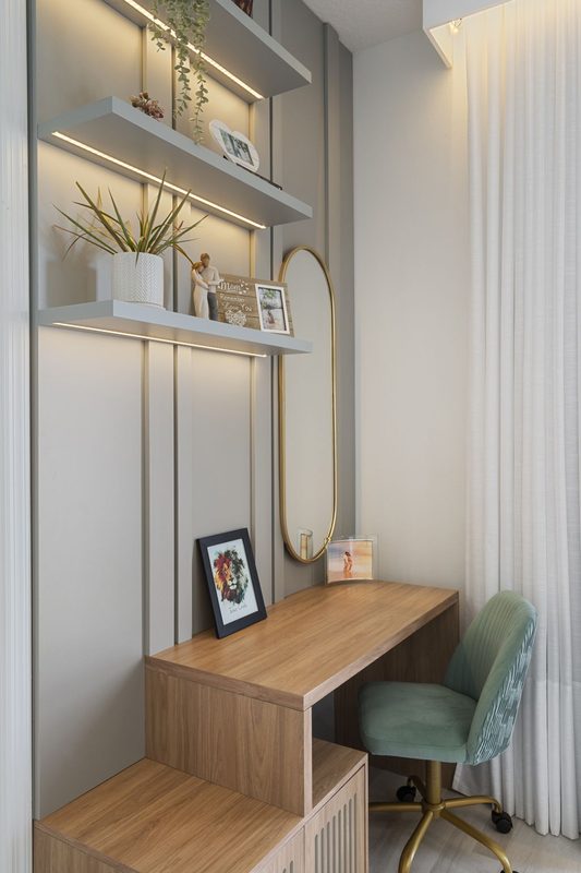 Sophisticated home office with integrated shelving