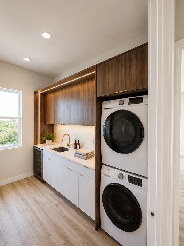 Polished laundry with stacked appliances