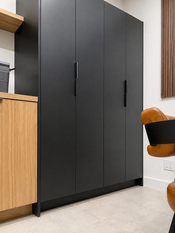 Bold office with matte black cabinetry