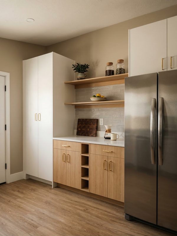 Modern kitchen with custom cabinetry and shelving