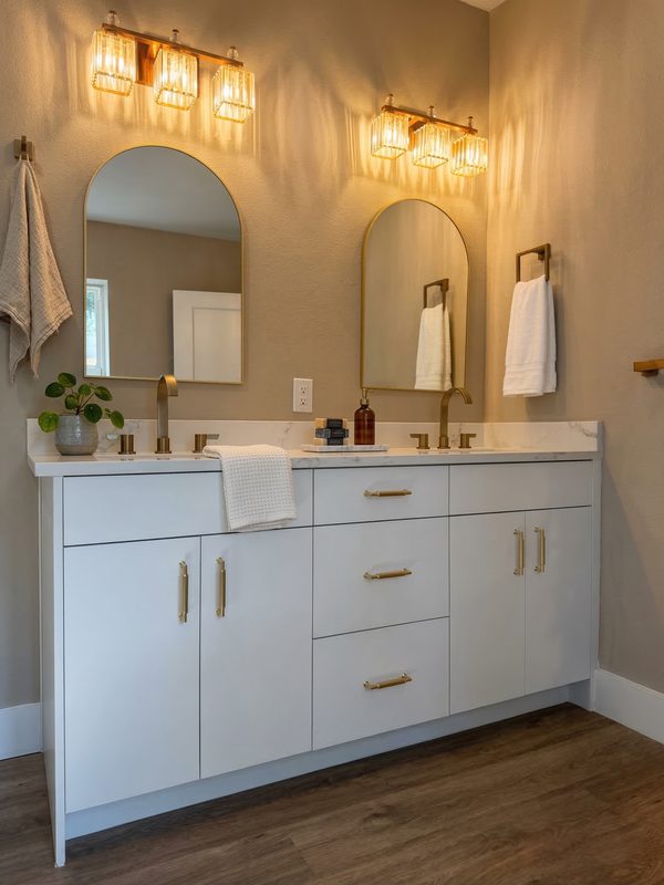 Elegant primary bathroom with dual vanity