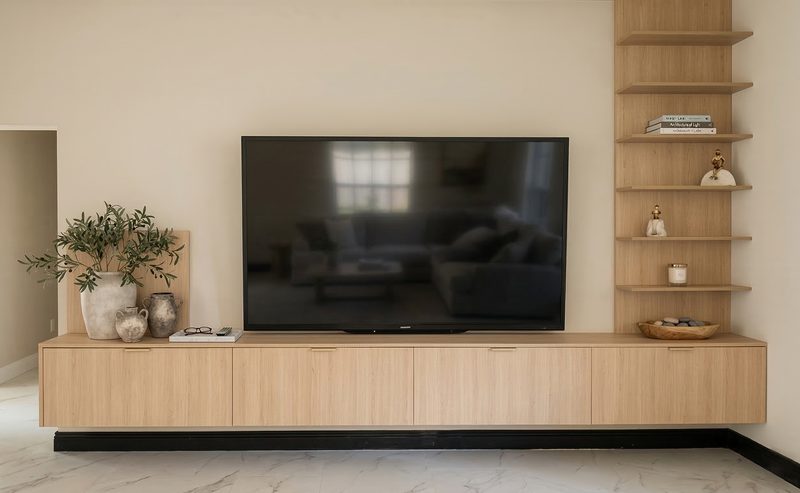 Warm living room with integrated millwork