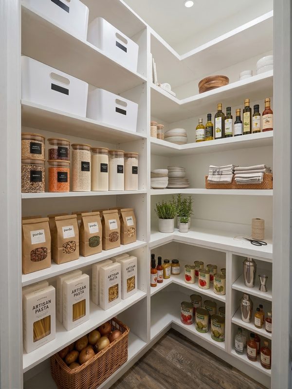 Organized pantry with custom shelving and storage