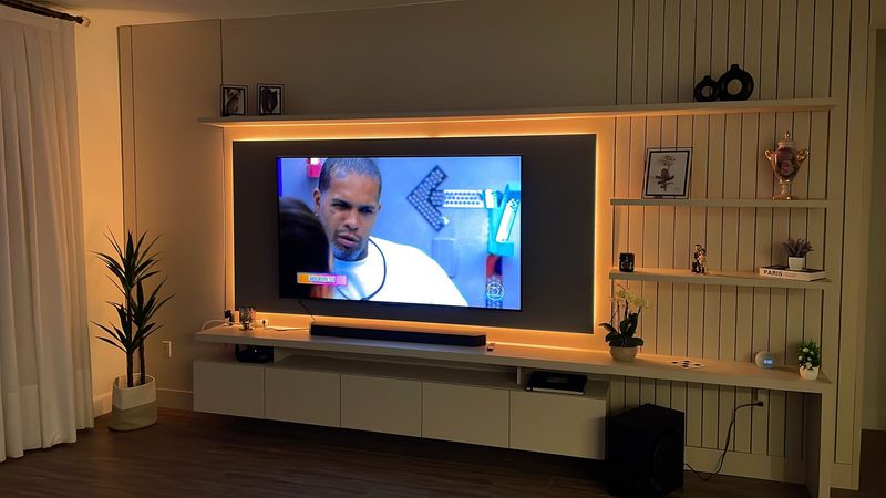 Warm living room with integrated media wall
