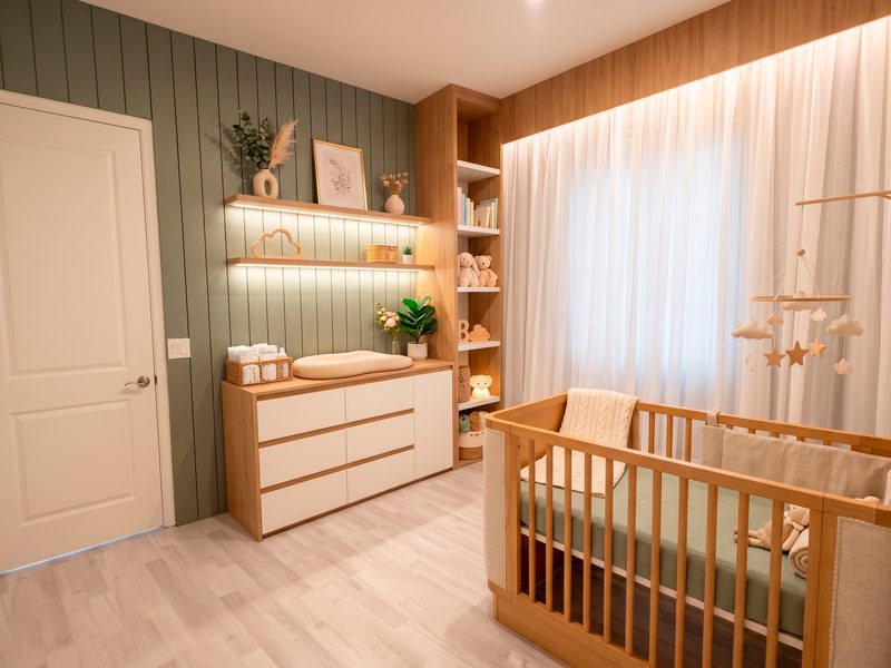 Serene nursery with custom wooden cabinetry
