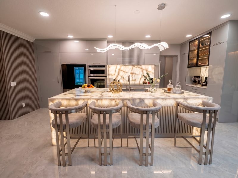 Luxury kitchen with marble island countertops