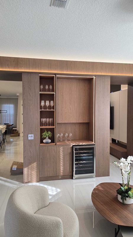 Warm living room with integrated millwork
