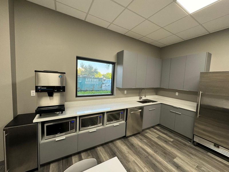 Modern break room with custom cabinetry