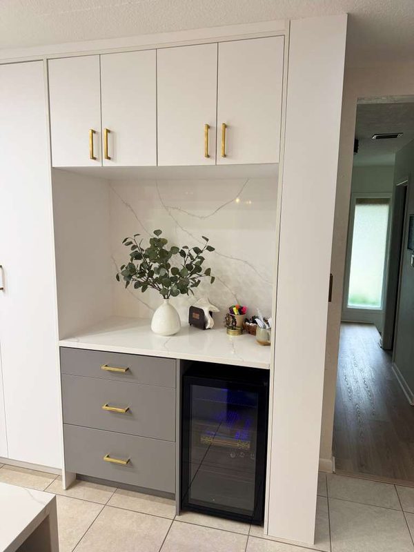 Modern kitchen with integrated wine cooler display