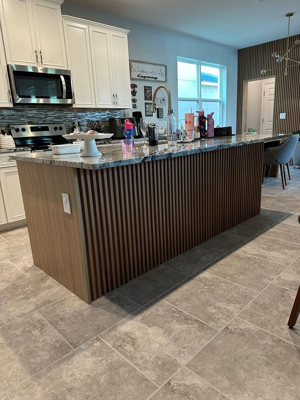 Contemporary Kitchen with Vertical Slat Island