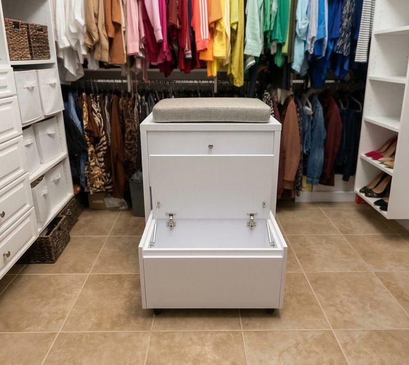 Upscale closet with custom white cabinetry