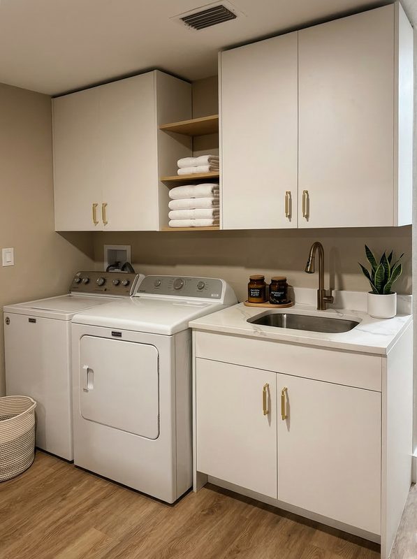 Polished laundry with custom cabinetry