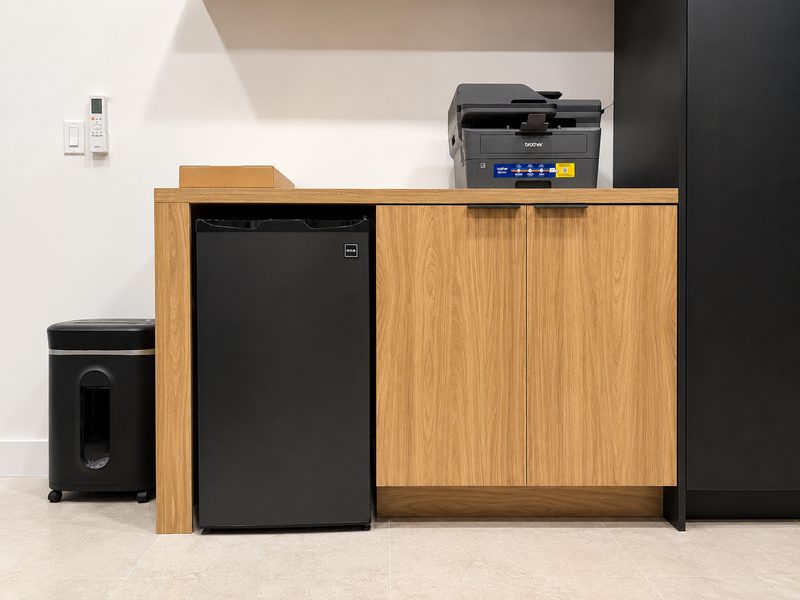 Modern Office with Integrated Appliance Storage