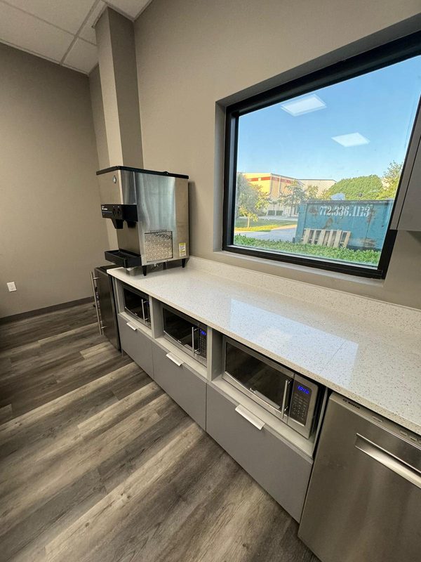 Modern break room with custom cabinetry