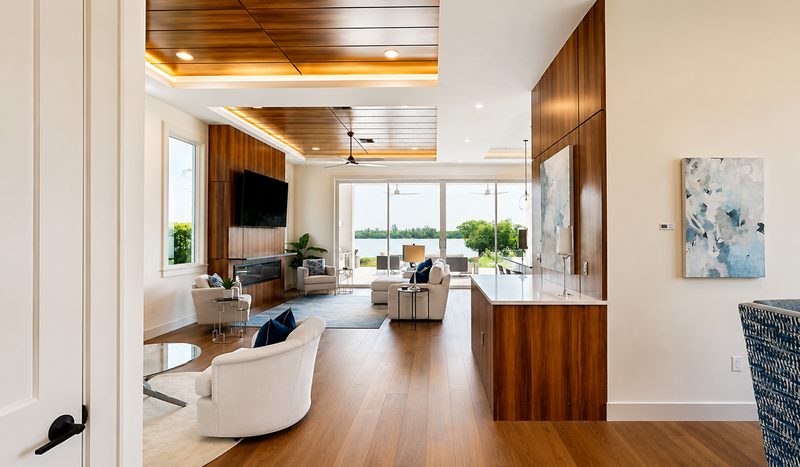 Warm living room with integrated millwork
