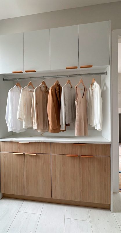 Upscale closet with custom cabinetry and rod