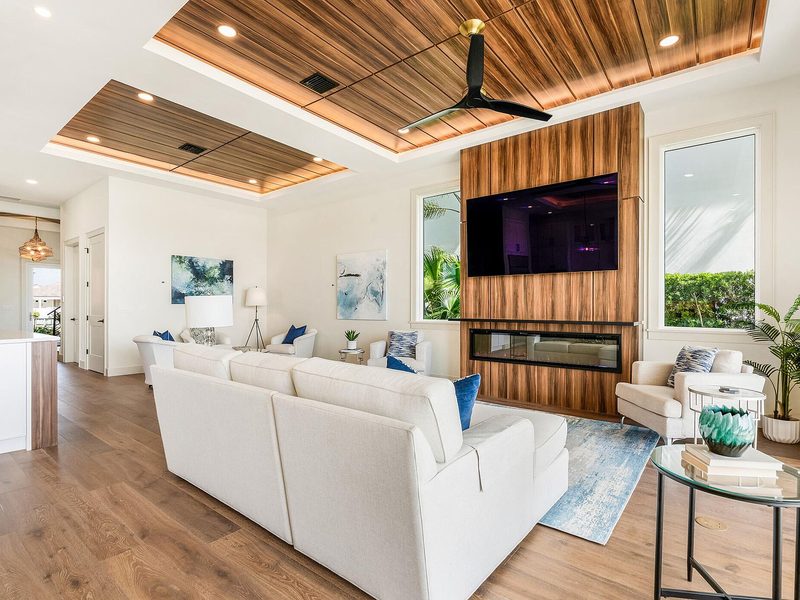 Warm living room with integrated wood millwork