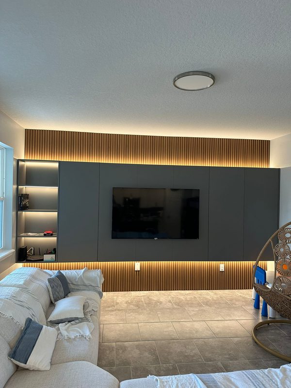 Modern media room with integrated millwork