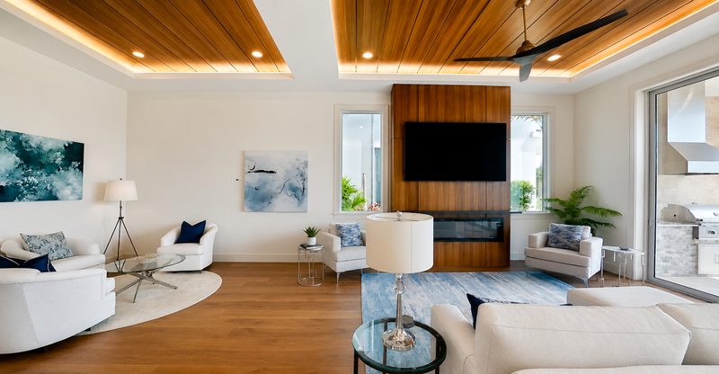 Warm living room with integrated millwork