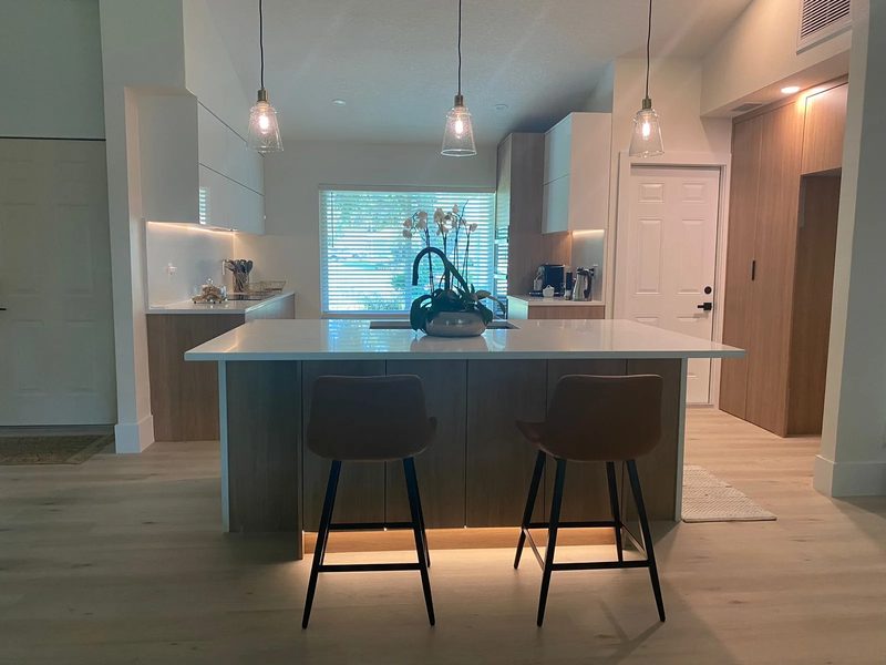 Contemporary kitchen with waterfall island