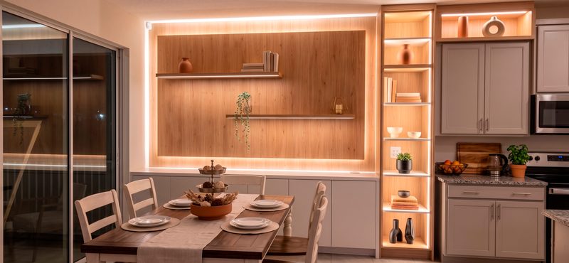 Modern kitchen with illuminated display cabinetry
