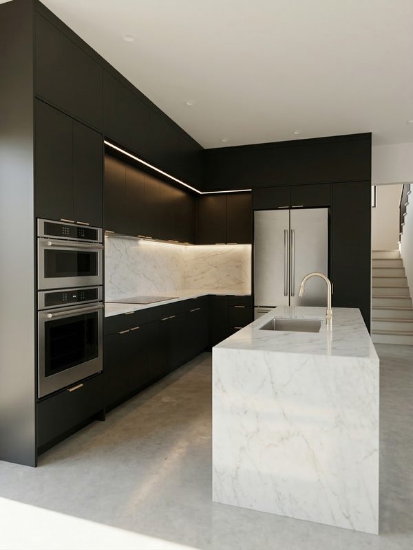 Modern kitchen with marble waterfall island