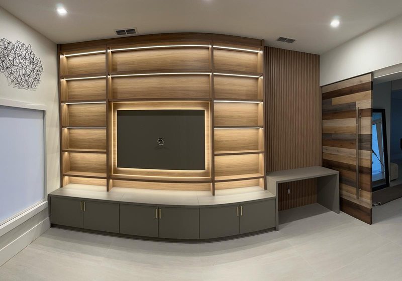 Modern media room with integrated cabinetry