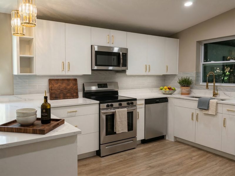 Refined kitchen with custom white cabinetry