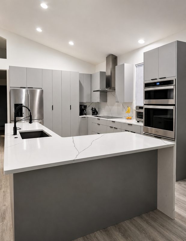 Contemporary kitchen with custom gray cabinetry