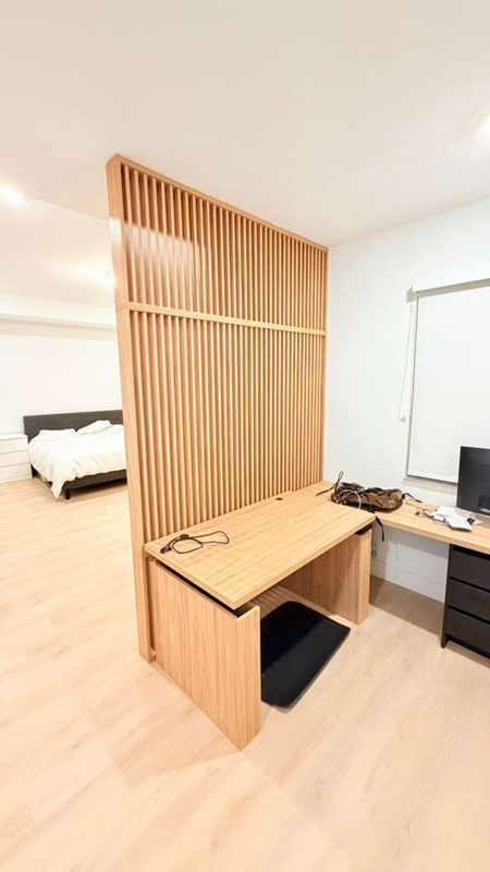 Office nook with slatted wood partition