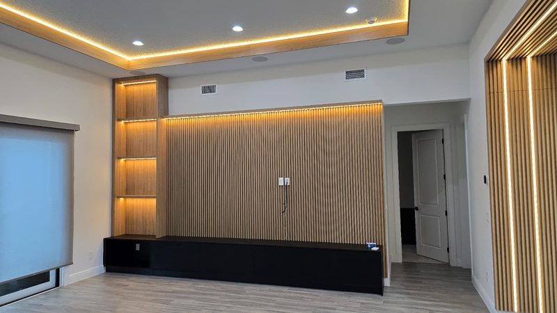 Sophisticated living room with integrated wood millwork