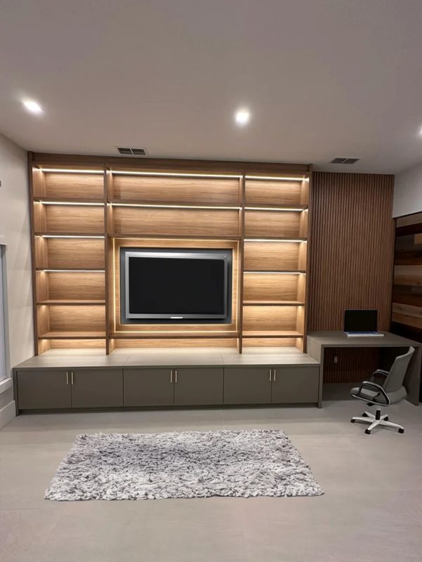 Sophisticated living room with backlit media wall