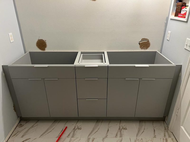 Modern bathroom with gray double vanity