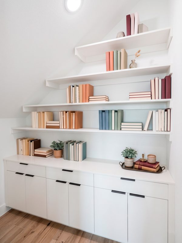 Refined home office with floating shelves