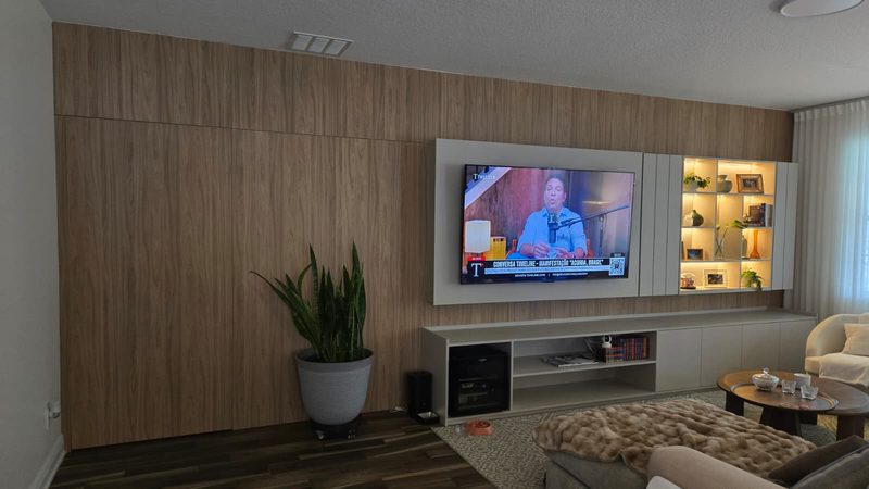 Warm living room with integrated media wall